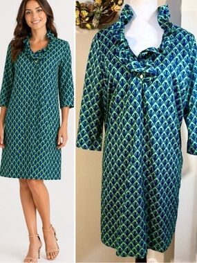 Sawyer Ruffle Neck Shift Dress Green Blue Geometric Print Sz M💛